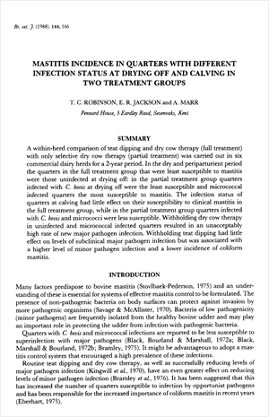 Mastitis incidence in quarters with different infection status at drying off and calving in two treatment groups