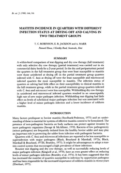 كتاب Mastitis incidence in quarters with different infection status at drying off and calving in two treatment groups