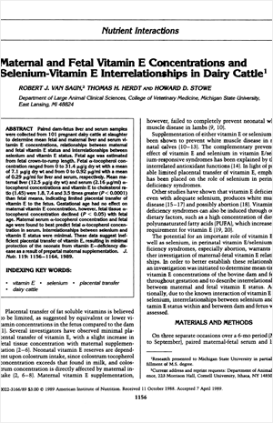 Maternal and Fetal Vitamin E Concentrations and Selenium Vitamin E Interrelationships in Dairy Cattle1