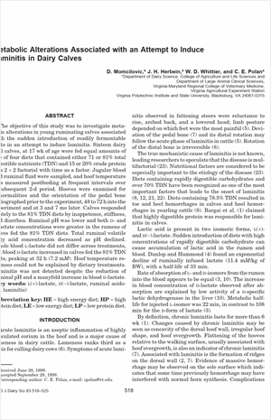 Metabolic Alterations Associated with an Attempt to Induce Laminitis in Dairy Calves
