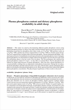 Plasma phosphorus content and dietary phosphorus availability in adult sheep