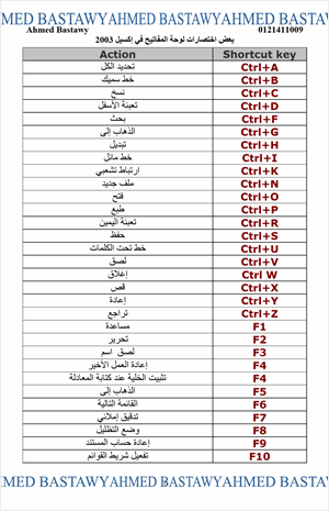 اختصارات لوحة المفاتيح في إكسيل 2003