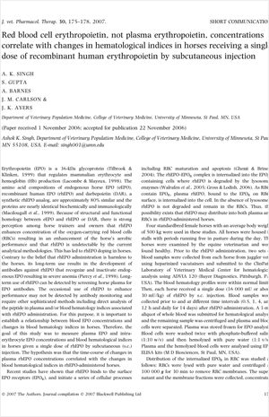 Red blood cell erythropoietin not plasma erythropoietin concentrations correlate with changes in hematological indices in horses