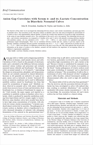 Anion Gap Correlates with Serum D and DL Lactate Concentration in Diarrheic Neonatal Calves